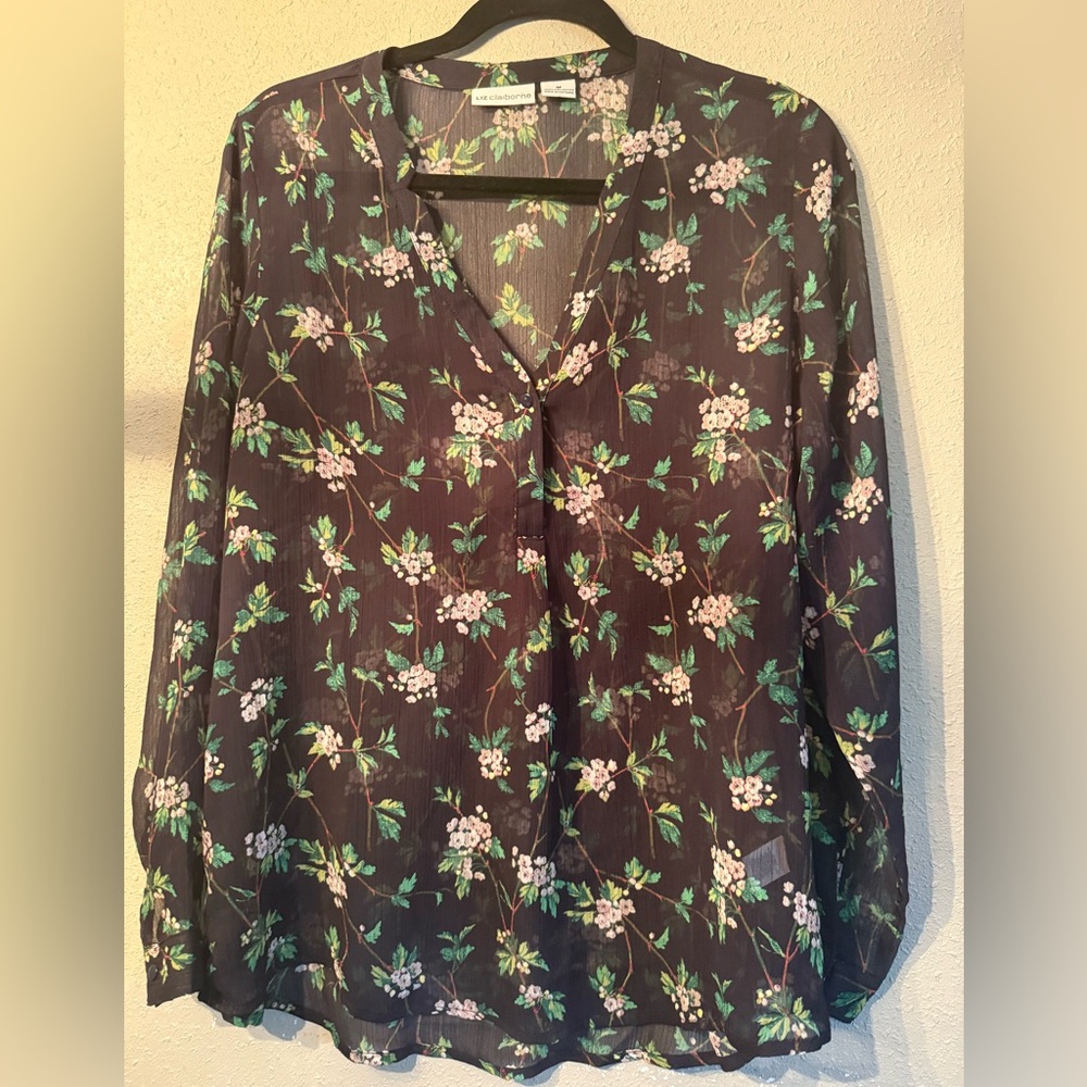 Liz Claiborne Navy Floral Sheer Blouse